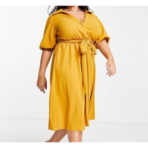 ASOS Curve Mustard Yellow Tie Waist Dress With Ballon Cropped Sleeves - Picture 1 of 8